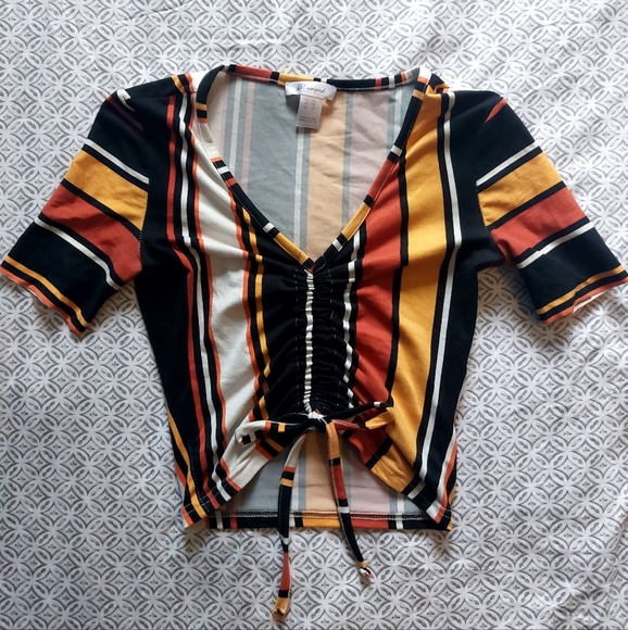 Stripped Short Sleeve Cropped Soft Revamped Shirt - Picture 4 of 5